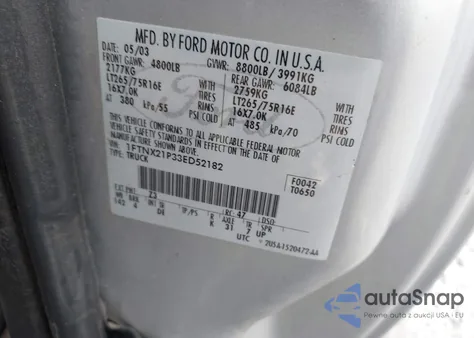 2003 Ford F-250 Lariat/Xl/Xlt from USA, damaged, VIN 1FTNX21P33ED52182